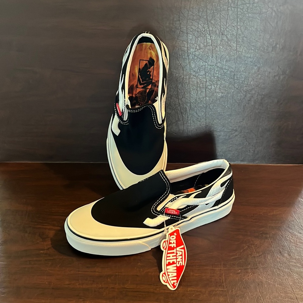 Vans black flame slip on sneakers size 7 mens/ 8.5 womens.
